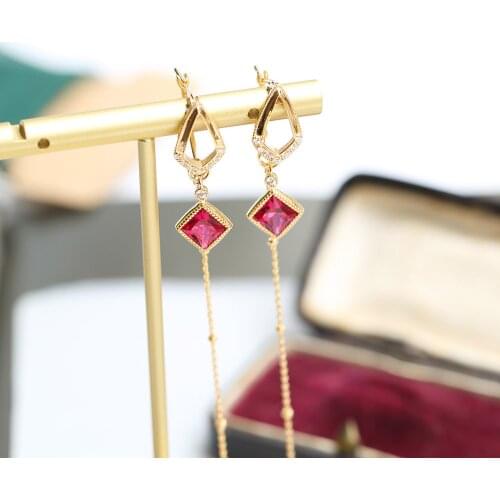LAMOON Vintage Tassel Earring Set 925 Sterling Silver Drop Earring Female Red Corundum 14K Gold Plated Fine Jewelry LMEI095