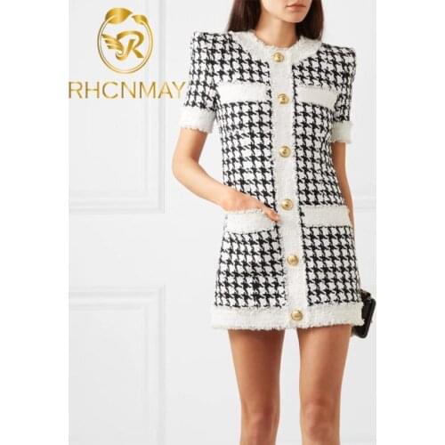 New Fashion Runway Jacquard 2020 Summer Dress Elegant Women Vintage Black White Houndstooth Dresses Ladies knitted Dress