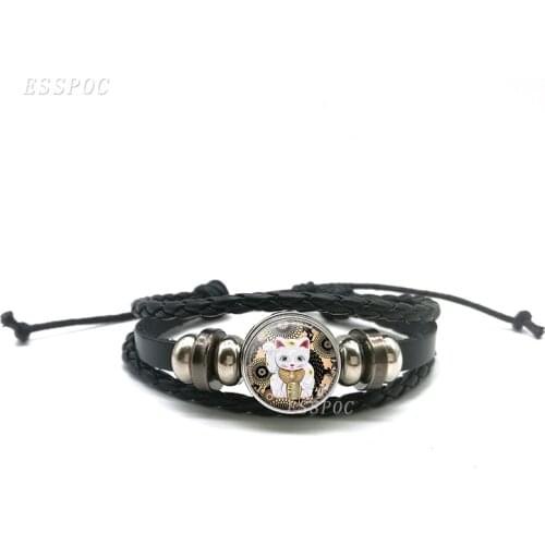 Lovely Fortune Cat Black Leather Bracelets , DIY Glass Cabochon Lucky Cat Multi-layered Braided Bracelets Fashion Jewelry