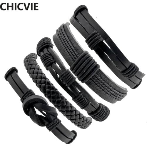 CHICVIE 5 PC/SET Black Punk Mens Leather Bracelet Bangles Charms For Women Bracelets For Jewelry Making Bracelet Cuir SBR180121