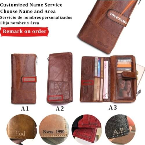 Custom Name Long Leather Wallets Purse Card Holder Vintage Wallet Men Carving Zipper Poucht Genuine with Coin Purse Pocket