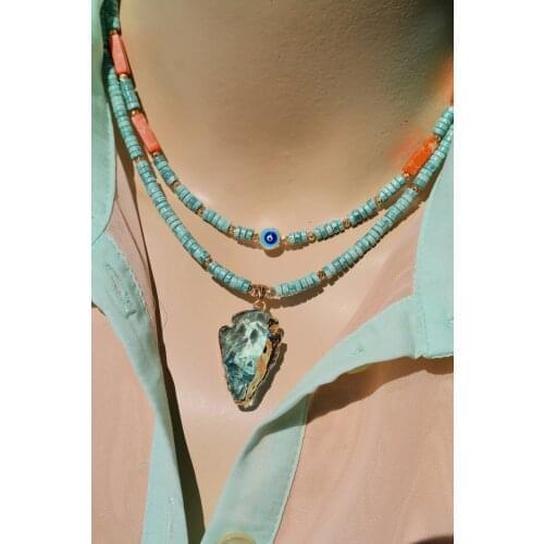 Crystal End Water Green and Orange Varisit Natural Stone Design Dual Necklace