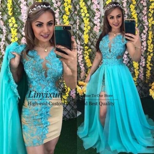 Elegant Two Pieces Prom Dresses Lace Appliques Pearls Side Slit Evening Gowns Cap Sleeve Chiffon Long Formal Women Evening Dress