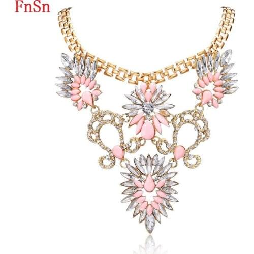 FnSn New 2017 Hot Summer Necklace Flower Choker Trendy Collar Zinc Alloy Crystal 45 Length Link Chain Women Fashion Jewelry N124