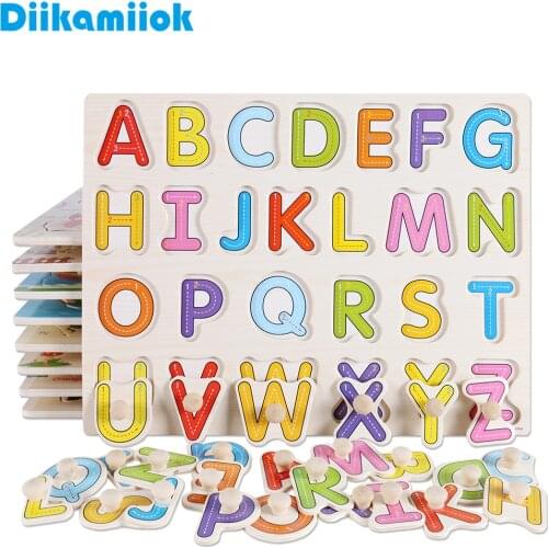 Hot Sale Kids Early Educational Toys Baby Hand Grasp Board Wooden Jigsaw Puzzle Alphabet Animal Learning Wood Toy for Children