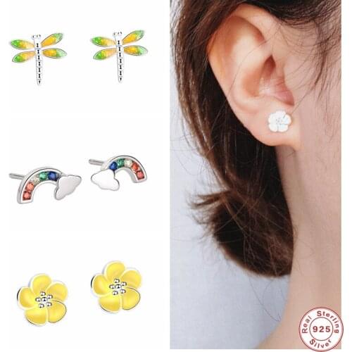 GS 925 Sterling Silver Cute Cartoon Flower Dragonfly Rainbow Shape Stud Earrings 2021 Trend Drop Oil Colored Zircon Ear Studs