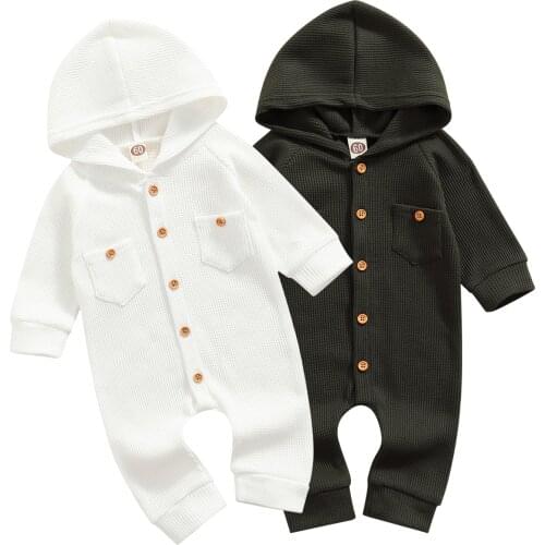 Newborn Baby Girls Boys Waffle Plaid Hooded Jumpsuit, Toddler Casual Solid Color Long Sleeve Romper with Pockets