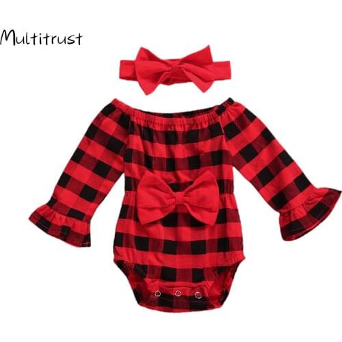 Baby Girl Christams Clothes Plaid Bow Jumpsuits Casual Long Sleeve Off Shoulder Triangle Wrapped Bodysuits and Headband 2pcs