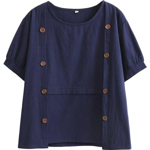 Summer T-Shirt Women Clothes Tees 2021 Casual Plus Size Tops Short Sleeve Wash Cotton Button Decoration Camiseta Mujer