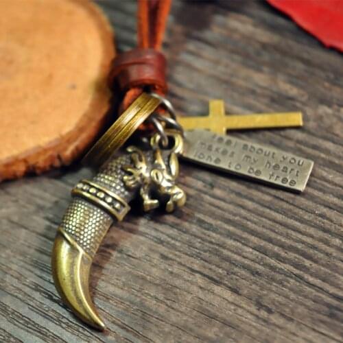 Men' Jewelry hide cord Antique bronze dragon knife Pendant Necklace Vintage Wolf Tooth Dragon Titanium Pendant Necklace 1109