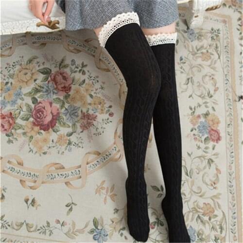 100% Cotton Socks Thigh High Socks for Ladies Girls Thigh-Highs Black Knit Over Knee Stockings Club Party Hosiery Sexy Pantyhose