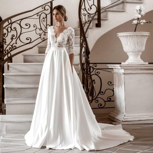 V-Neck Original Lace Applique Bodice Empire Waistline Matte Satin Wedding Dresses Half Sleeves Bridal Gowns