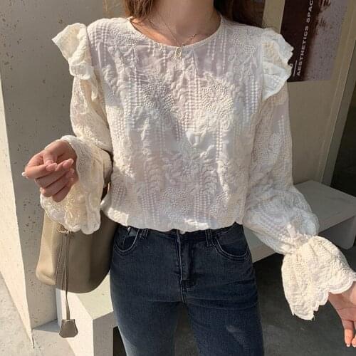 Autumn Flare Sleeve Ruffle Blouse Women Casual Loose Crochet Lace Shirt Tops O Neck Womens Clothing 2021 Blusas Elegant 16855