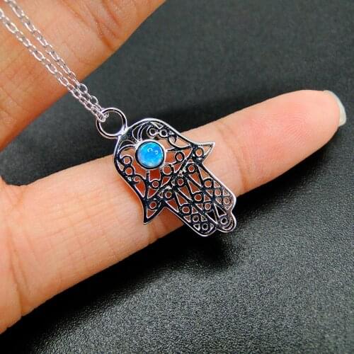 High Quality Blue Opal Hamsa Pendant Necklace in 925 Sterling Silver Womens Jewelry For Gift