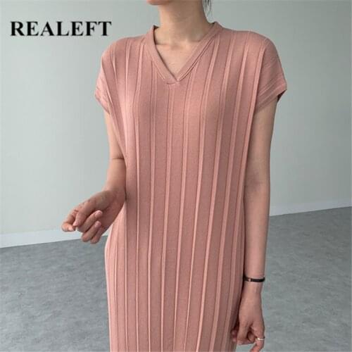 REALEFT Summer 2021 New Loose Knitted Sweater Womens Long Dresses Short Sleeve Classic V-Neck Casual Pink Pleated Chic Dresse