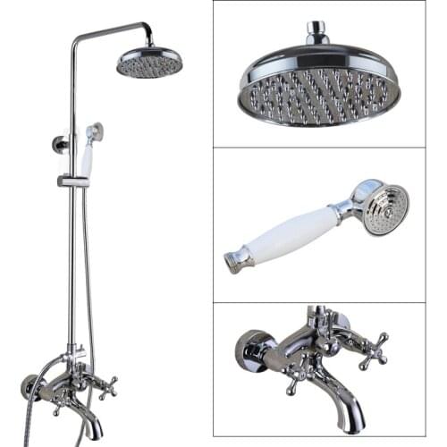 Polished Chrome Brass Dual Cross Handles Wall Mounted Bathroom 8" Round Rain Shower Head Faucet Set Bath Tub Mixer Taps mcy352
