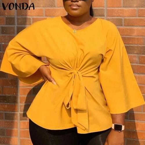 Casual Women Solid Tops VONDA 2021 3/4 Sleeve O Neck Party Blusas Femininas Loose Elegant OL Office Shirts Oversized Streetwears