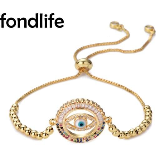 Multicolor Rainbow Cubic Zirconia Stones Round Evil Eye Lucky Charm Bracelet Women Girl Luxury Classic Copper Bead Jewelry Gift