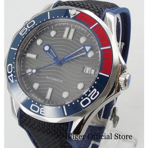 BLIGER Military Style 41mm Sapphire Glass With Ceremic Bezel Rubber Strap Blue Watch Pointer Black Band