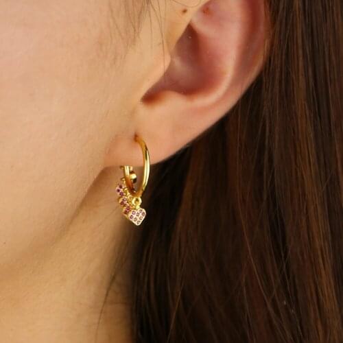 European delicate girl women jewelry Gold Filled red cubic zirconia tiny lovely heart charm hoop earring 2019 new