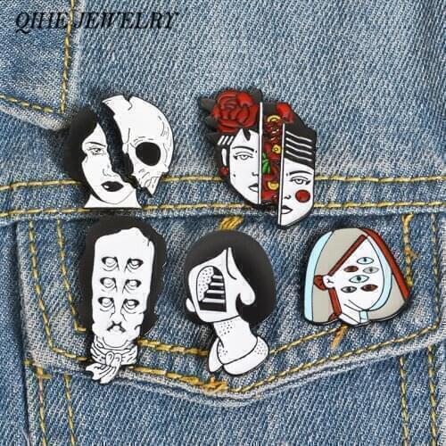QIHE JEWELRY Split Face Pins Flower Face Lapel Pins Four Eyes Enamel Pin Halloween Lapel pins Weird Badges