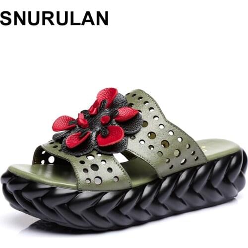 SNURULAN Handmade Flower Slippers Women Shoes Summer Genuine Leather Sandals 2020 New Platform Slippers Women Sandals