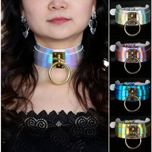 Punk Gothic Handcrafted Chic Holographic Choker Necklace O Round Gold Metal Laser Chocker Collar Necklace Jewelry