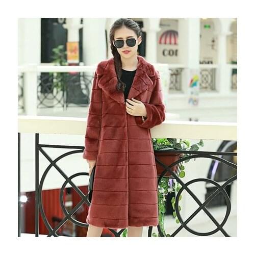 Top brand Suit Collar Women Stripe Faux Rabbit Fur Coat N28 high quality