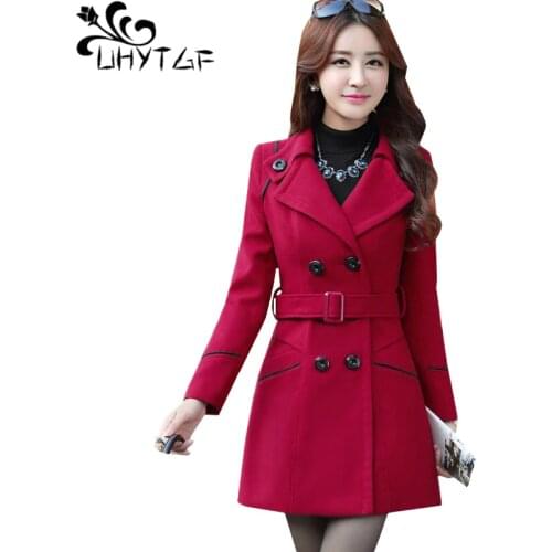 UHYTGF M-3XL Casual Autumn Winter jacket Women Fashion long woolen Coat double-breasted belt slim Elegant Ladies outerwear 137