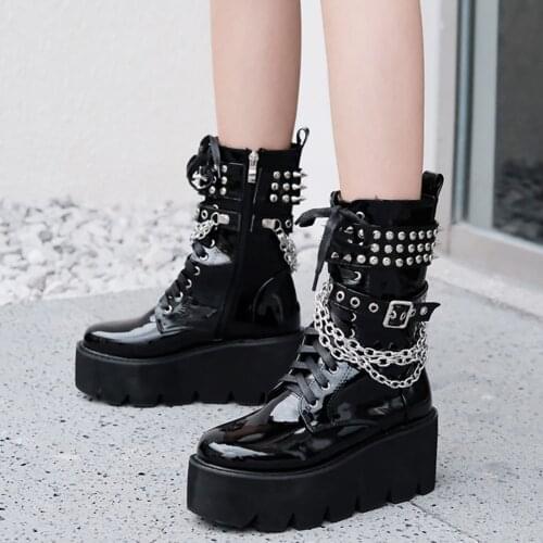 Brand Design Female Motorcycle Boots Platform Wedge Cool Street High Heel Ankle Boots With Chain 2021 Mid-Calf Women Boots Shoes