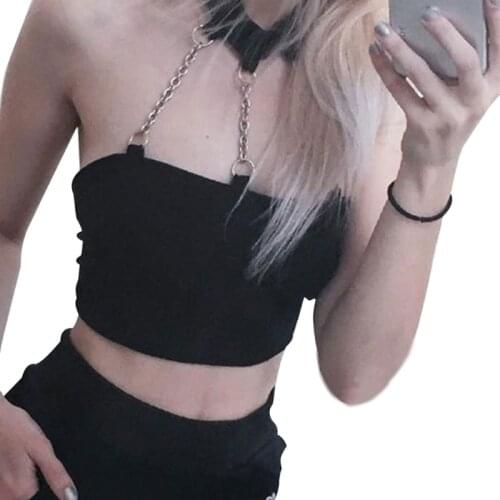 Women Gothic Punk Halter Neck Crop Tube Top Sexy Choker Metal Chain Backless Bandeau Camisole Harajuku Slim Vest