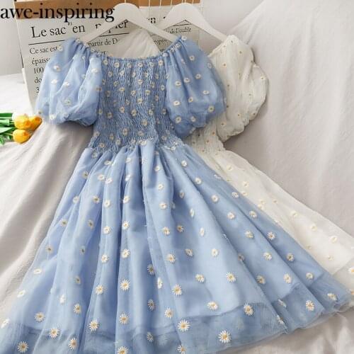 Awe-inspiring French Style Daisy Embroidery Long Dress Puff Sleeve Mesh Patchwork High Waist Streetwear Women Dresses Vestidos