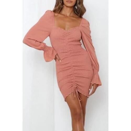 Women Elegant Bodycon Mini Dress Mesh Long Sleeve Patchwork Square Collar Slim Stretch Vestidos Drawstring Party Casual Clothes