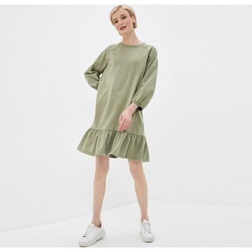 Women Casual Prairie Chic Solid Staraight Ruffles A-line Dress O-neck Wrist Mini Dress Green 2021 New Fashion Autumn Dress