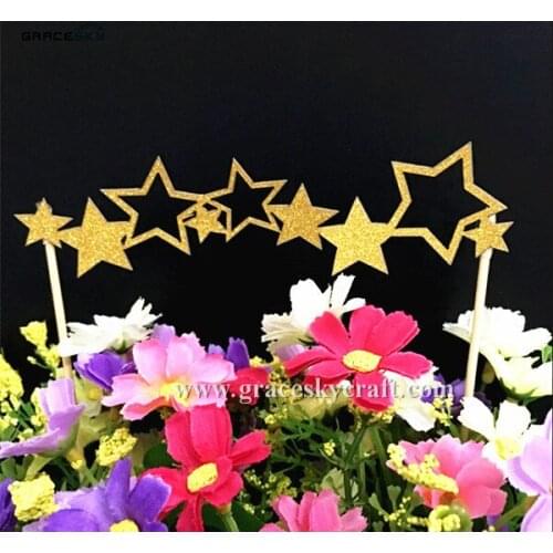 12pcs free shipping Glitter paper Multi Stars design Wedding Brithday Cakes Toppers Party Home Supplies Favors cupcake picks