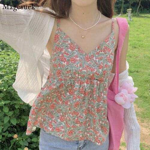 2021 Summer Sleeveless Floral Shirt Women Korean Chic Vintage Print Sling Blouses Female V Neck Loose Ladies Tops Blusas 14861