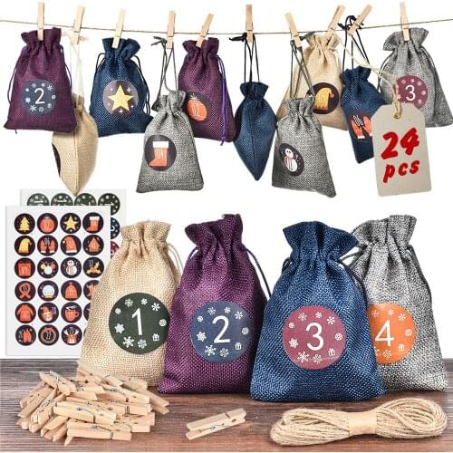 24pc Christmas Candy Pouch Drawstring Gift Bags 1-24 Digital Bundle Cotton Linen Bag Christmas Decorations for Home Ornaments