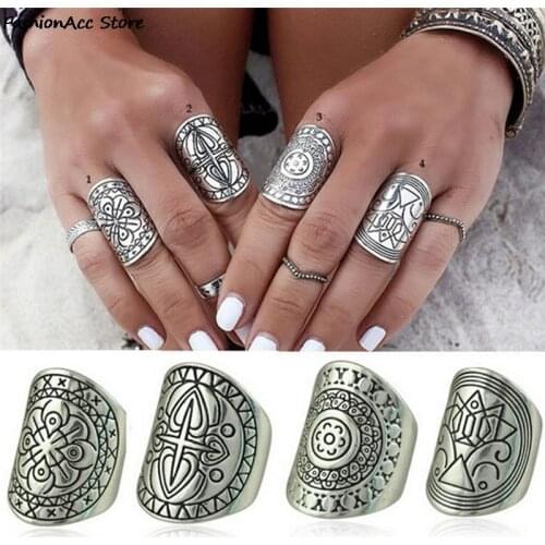 4Pcs/set Unique Carving Tibetan New Plated Bohemia Ring Set for Woman Punk Boho Ring Sets Vintage Jewelry