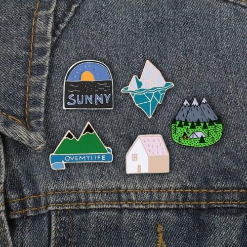 Cartoon Iceberg Mountain Seaside Jungle House Brooches Adventure Natural Scenery Enamel Pin Backpack Lapel Badge Fashion Jewelry