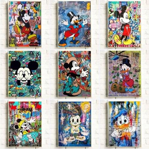 Catoon Graffiti Art Banksy Mickey & Minnie Posters Funny Donald Duck Canvas Painting Street Art Picture for Living Room Decor