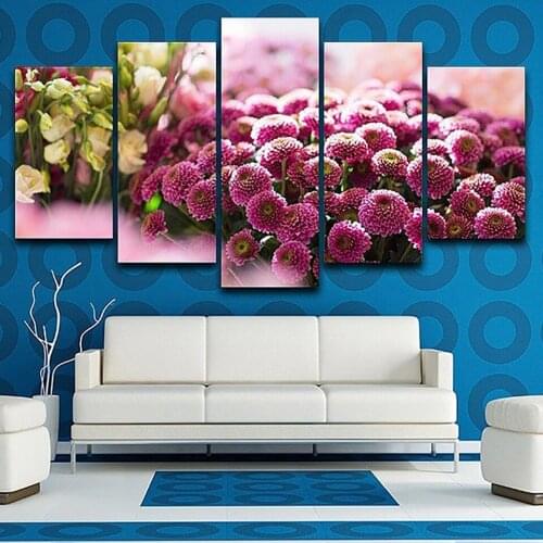 Decor Living Room Canvas HD Print Painting 5 Panel Pink Flowers Landscape Frame Wall Art Poster Modern Home Modular Pictures