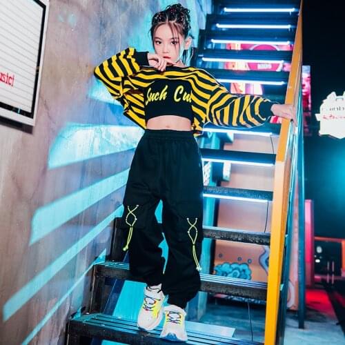 ChildrenS Jazz Dance Costumes Yellow Striped Tops Hiphop Pants Girls Hip Hop Dance Clothes Street Dance Rave Clothes DN7637