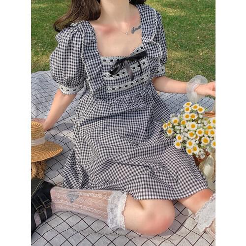 Japanese Summer Sweet Academy Dress Vintage Square Collar Plaid Bow Cute Puff Sleeve Dresses Kawaii Ruffles Girly Loose Dress
