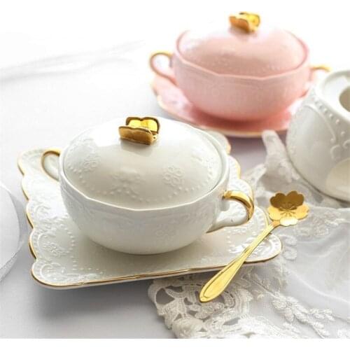 Salad Bowls Binaural Rice Bowl Ceramic Dinnerware With Lid Round Food Container Luxurious Tableware Set Various Uses kitchenware