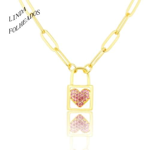 New Design Zirconium Red Heart-Shaped Lock Necklace For Womens Fashion Contracted Gold-Plated Copper Pendant Party Jewelry Gift