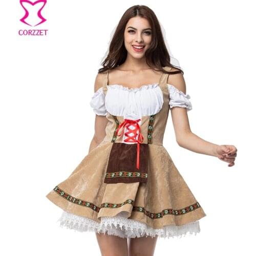 Brown Dirndl Maid Sexy Oktoberfest Beer Girl Costume Maid Wench Germany Bavarian Short Sleeve Fancy Dress Dirndl For Adult Women