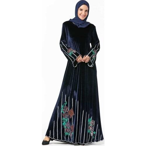 Casual Muslim Embroidery Abaya Velvet Maxi Dress Hijab Long Robe Gowns Vestidos Kimono Baju Eid Ramadan Arab Islamic Caftan Baju