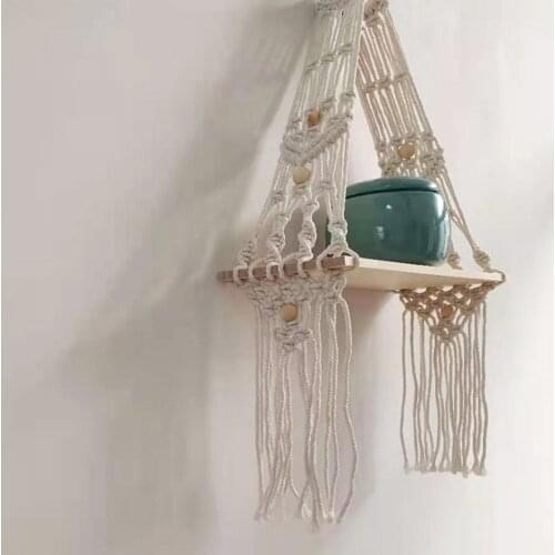 Hand-Woven Macrame Tapestries Rack Shelf Boho Cotton Rope Woven Wooden Hanging Decorative Shelves Wall Hanging Shelves Ornament