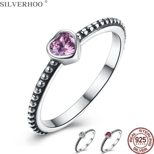 SILVERHOO 925 Sterling Silver Vintage Rings For Women Cute Pink Heart Cubic Zirconia Ring Female Romantic Engagement Jewelry