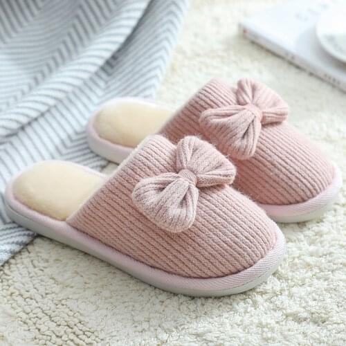 Cotton Slipper Female Winter Simple Couple Antiskid Warm Plush Bow Home Slipper Man Slippers Women Shoes Woman